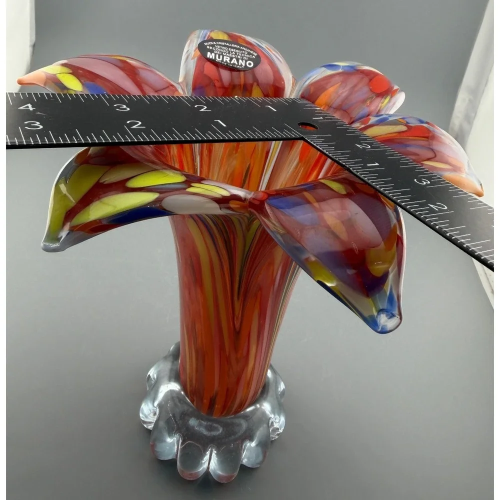 Vintage Murano Vetro Eseguito Vase Art Glass Multicolor Tulip Scalloped Base 6.5